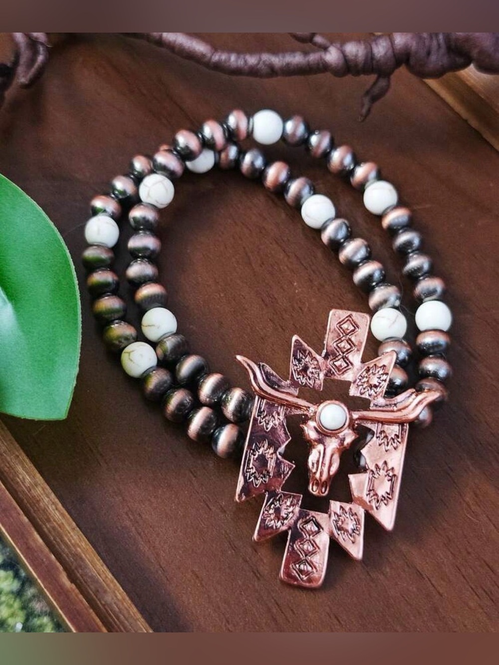 Western Bracelet Copper-Tone Longhorn Bead Bracelet with White Stone Accents